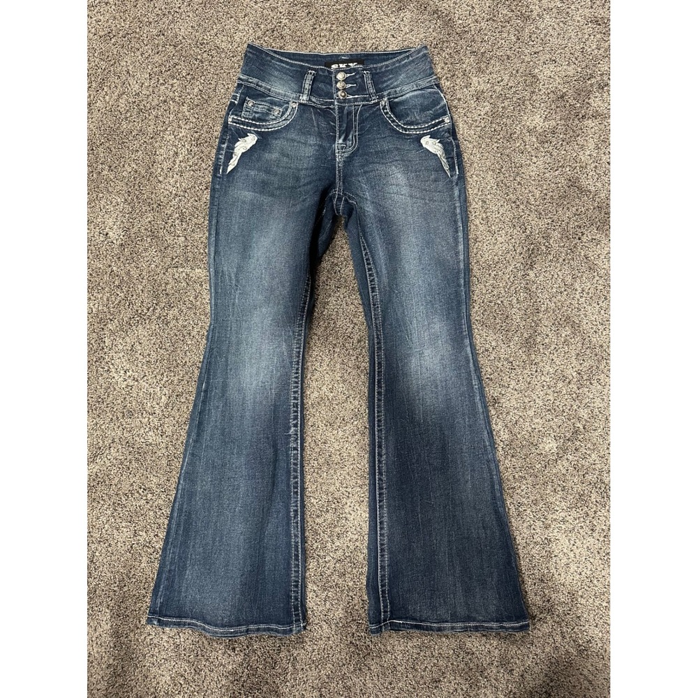 SKY Premium Collection Flare Jeans Dark Wash Heart Angel Wing Rhinestone 5/6
